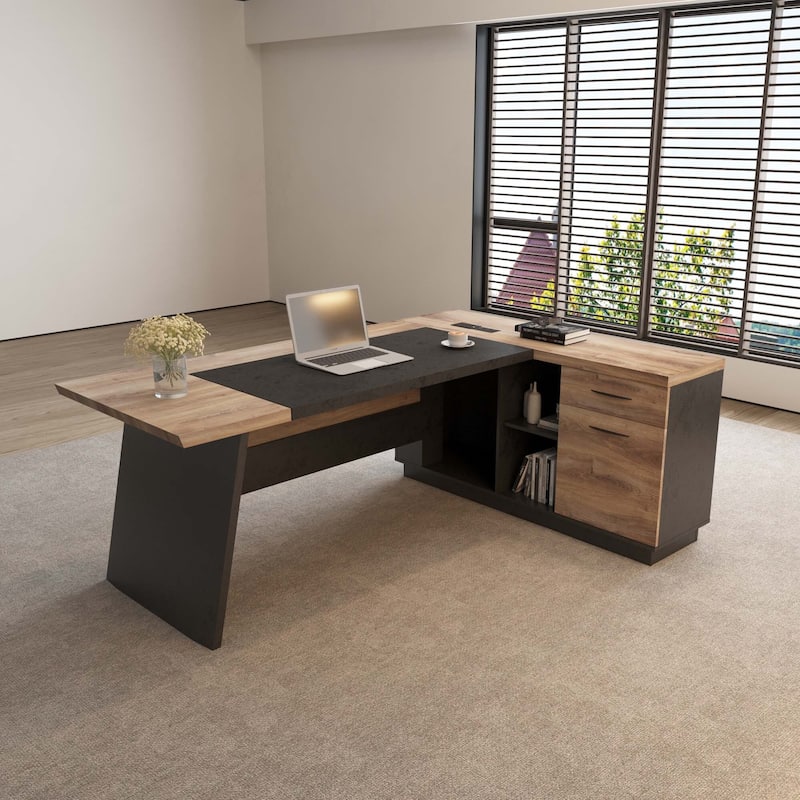 78in Modern L-Shaped Executive Desk with Drawer 2-Tier Storage Shelves Cabinets