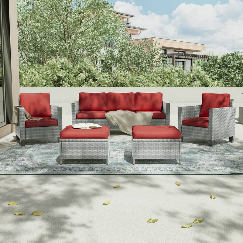 LIVOOSUN 5Pcs Patio Furniture Set Grey Rattan Coversation Seating Set - Gray/OrangeRed