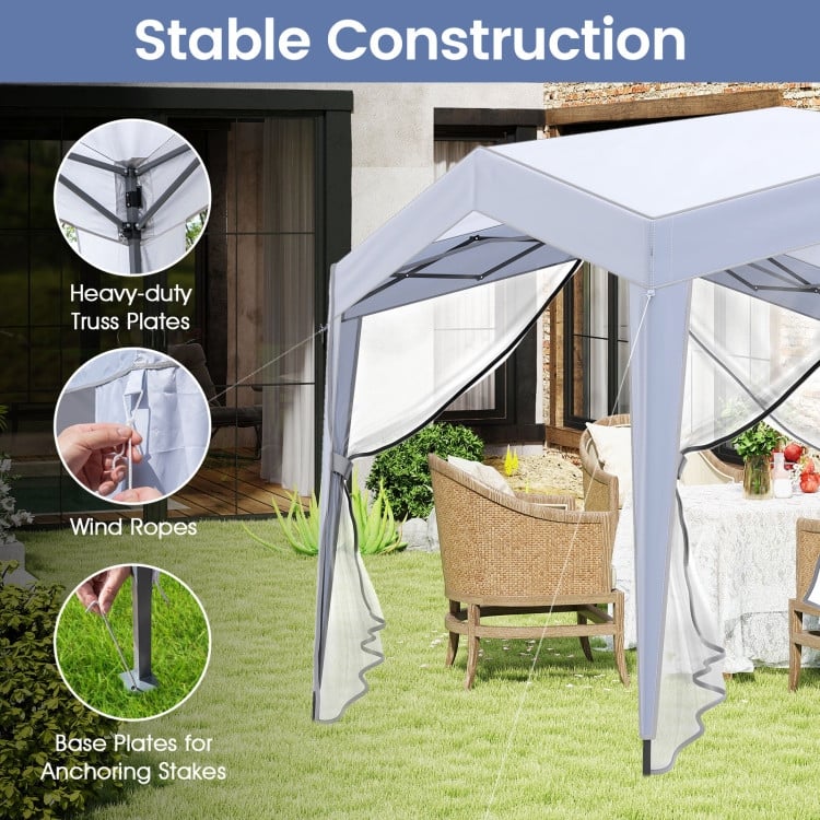 10x10 FT White Pop-Up Canopy Tent with Sidewalls & Mesh Netting - 120 x 120 x 104.4–108 inches (L x W x H)
