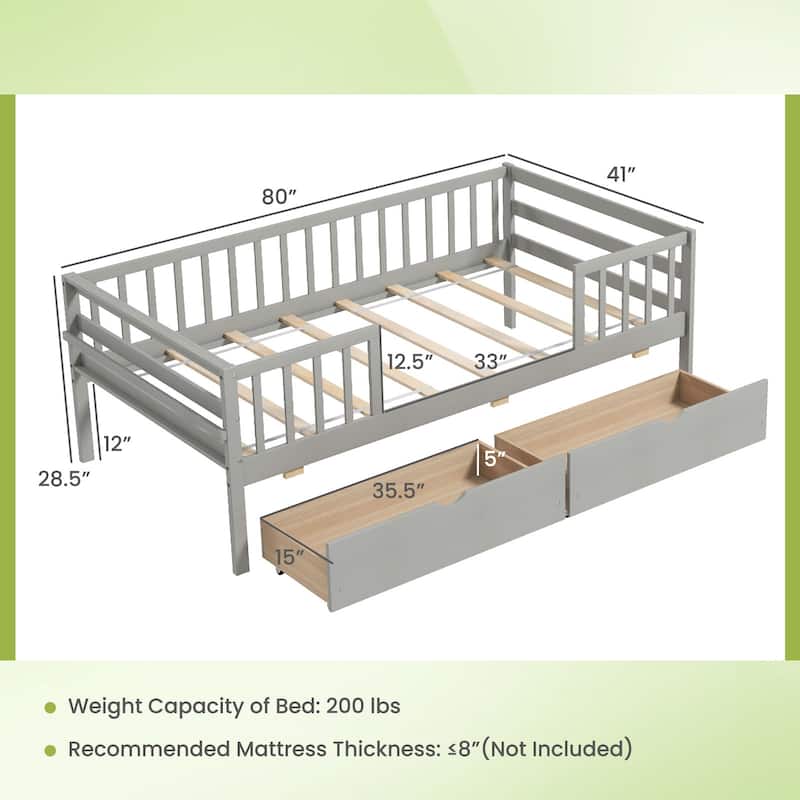 Twin Daybed with Fence and Storage Drawers Kids Bed