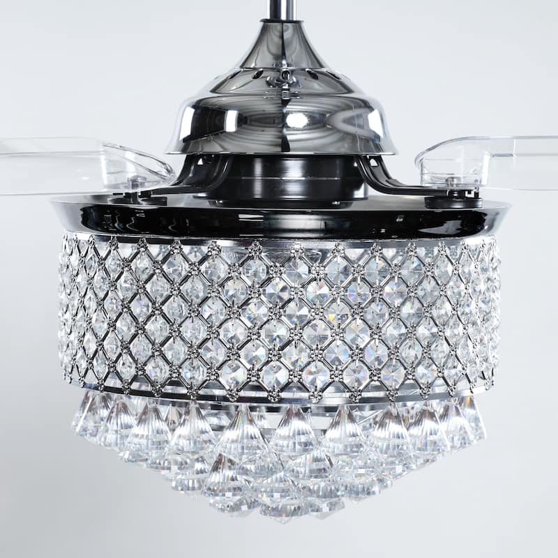 Modern 36" Retractable Crystal Chandelier Ceiling Fan with Light Kit and Remote Control, Chrome - 36 in