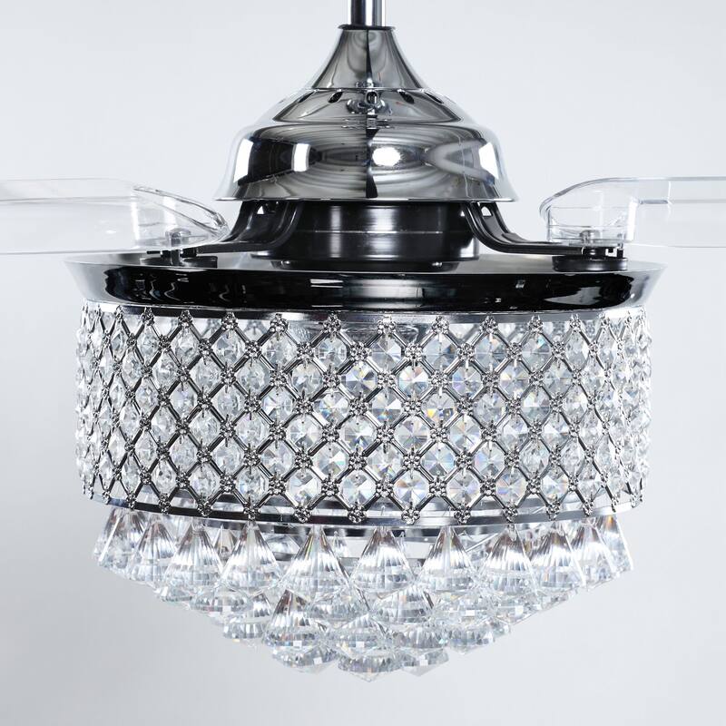 Modern 36 in. Retractable Crystal Chandelier Ceiling Fan with Light Kit and Remote Control, Chrome - 36 in