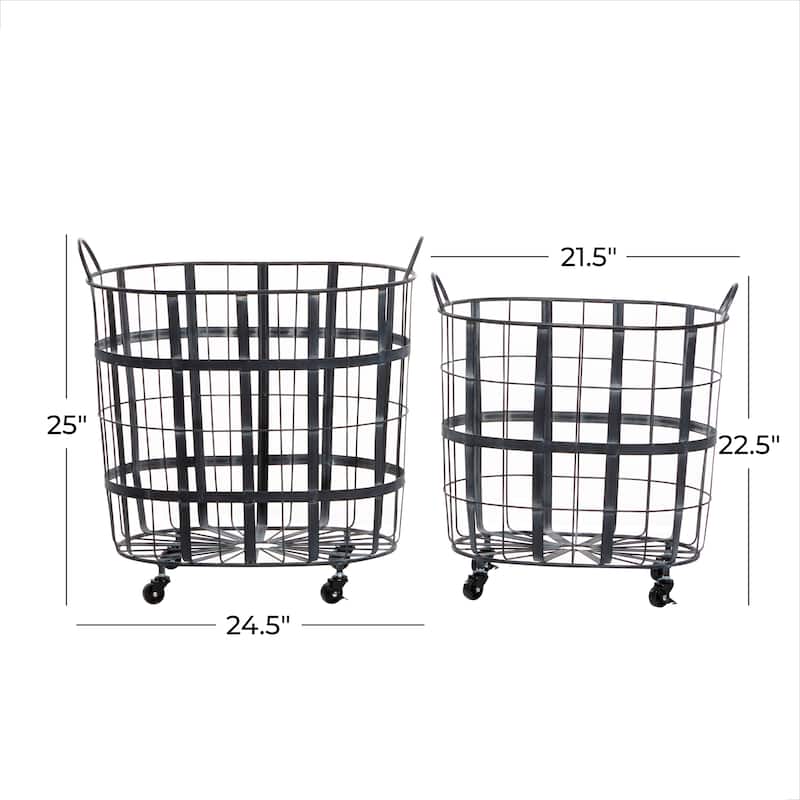 Metal Wire Grid Storage Basket with Wheels and Handles - Set of 2 Black - Roche River Decor - 16"W x 24"L x 25"H