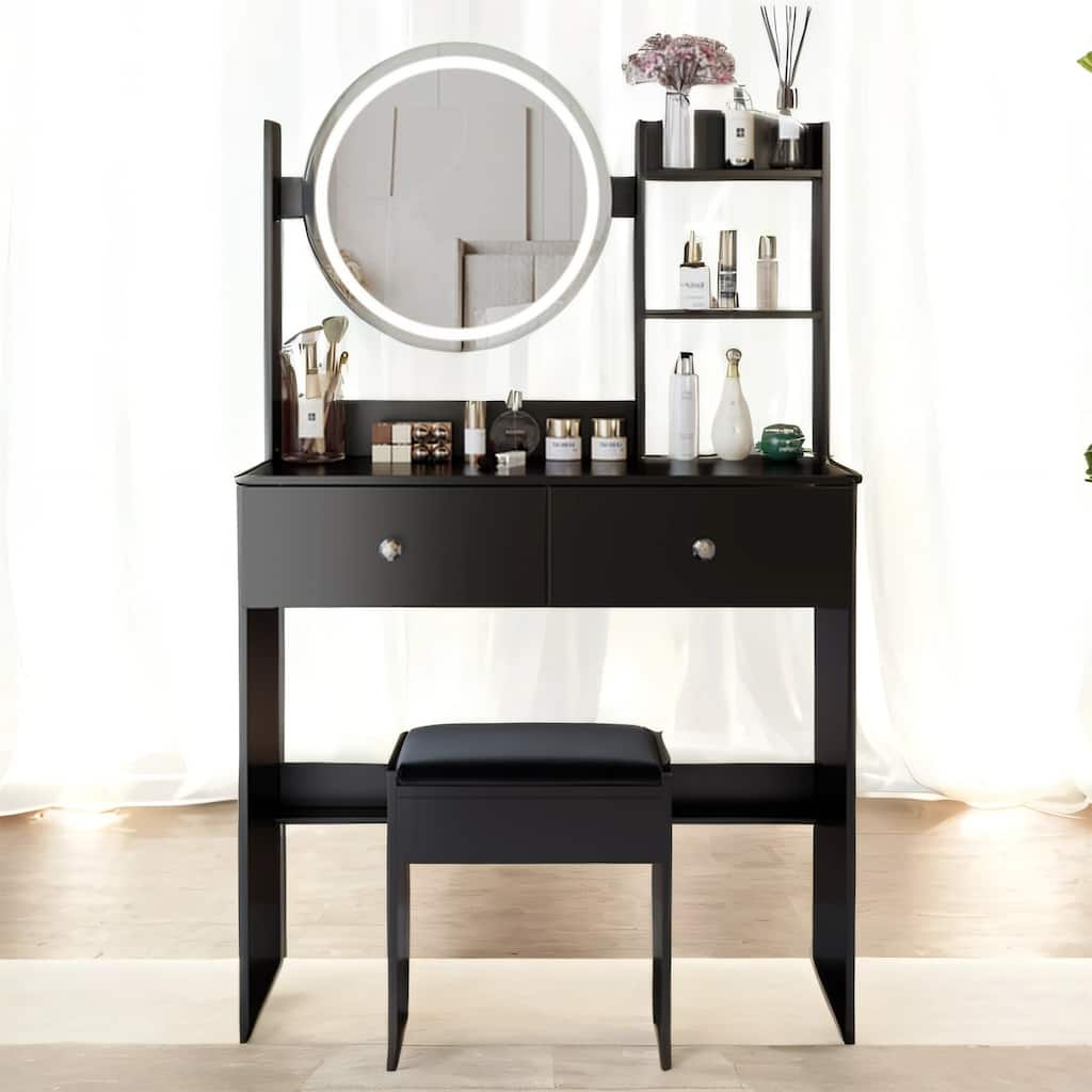 17" Vanity w/ Round Mirror, Stool, Touch Control 3 Colors LED, Storage