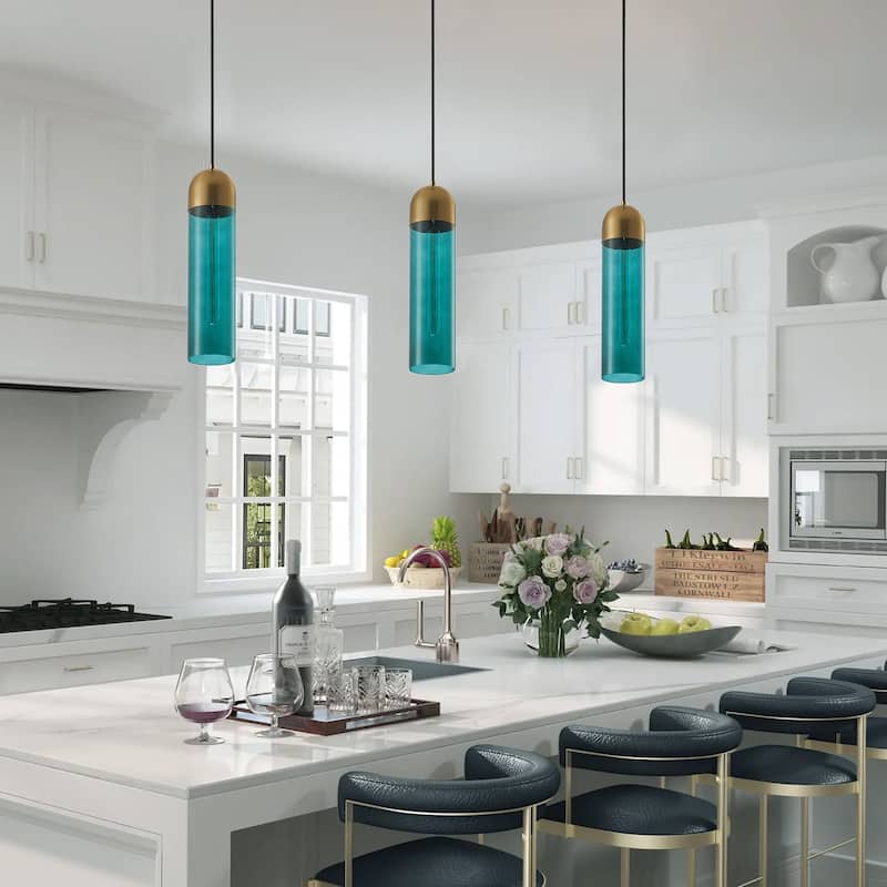1-Light Green Cylinder Glass Pendant Lighting - 3.9"D×4.3"W×75.5"H(Adjustable)