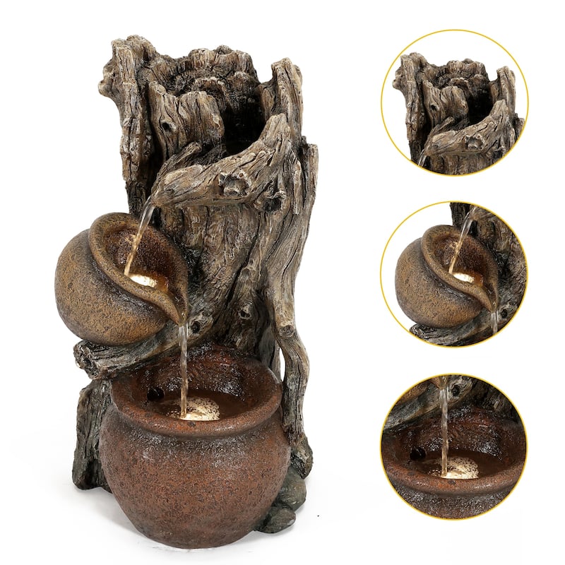 Brown Resin Tree Farmhouse Pots Outdoor Water Fountain with Lights