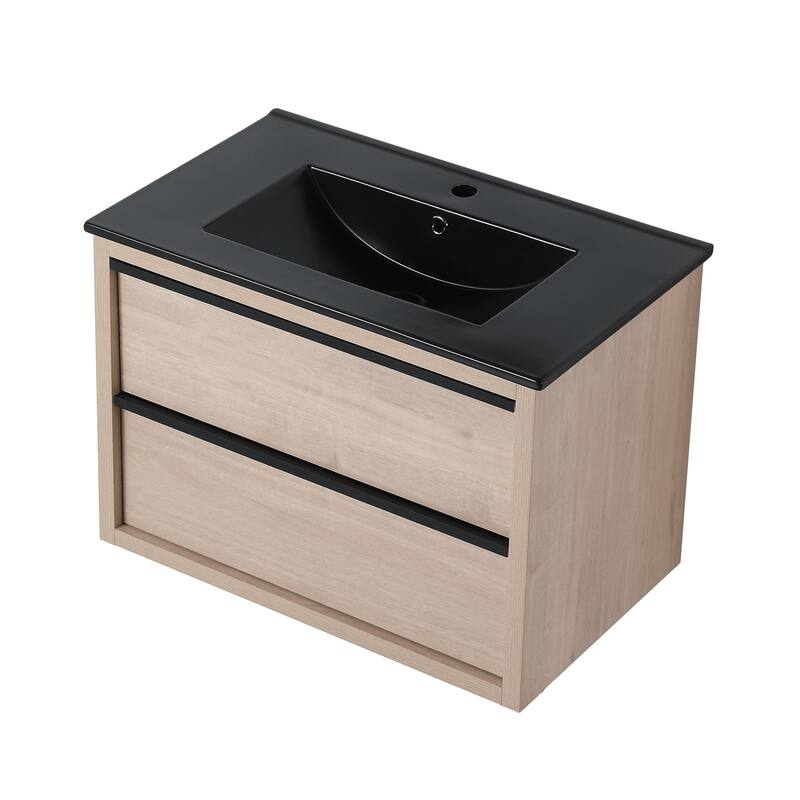 Wall-Mounted Plywood Bathroom Vanity Set in Plain Light Oak with Integrated Sink