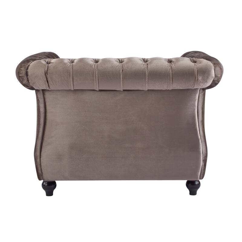 Roomfitters Tufted Club Chair with Deep Button Upholstery, Rolled Arm Design and Metal Stud Trim, Light Brown