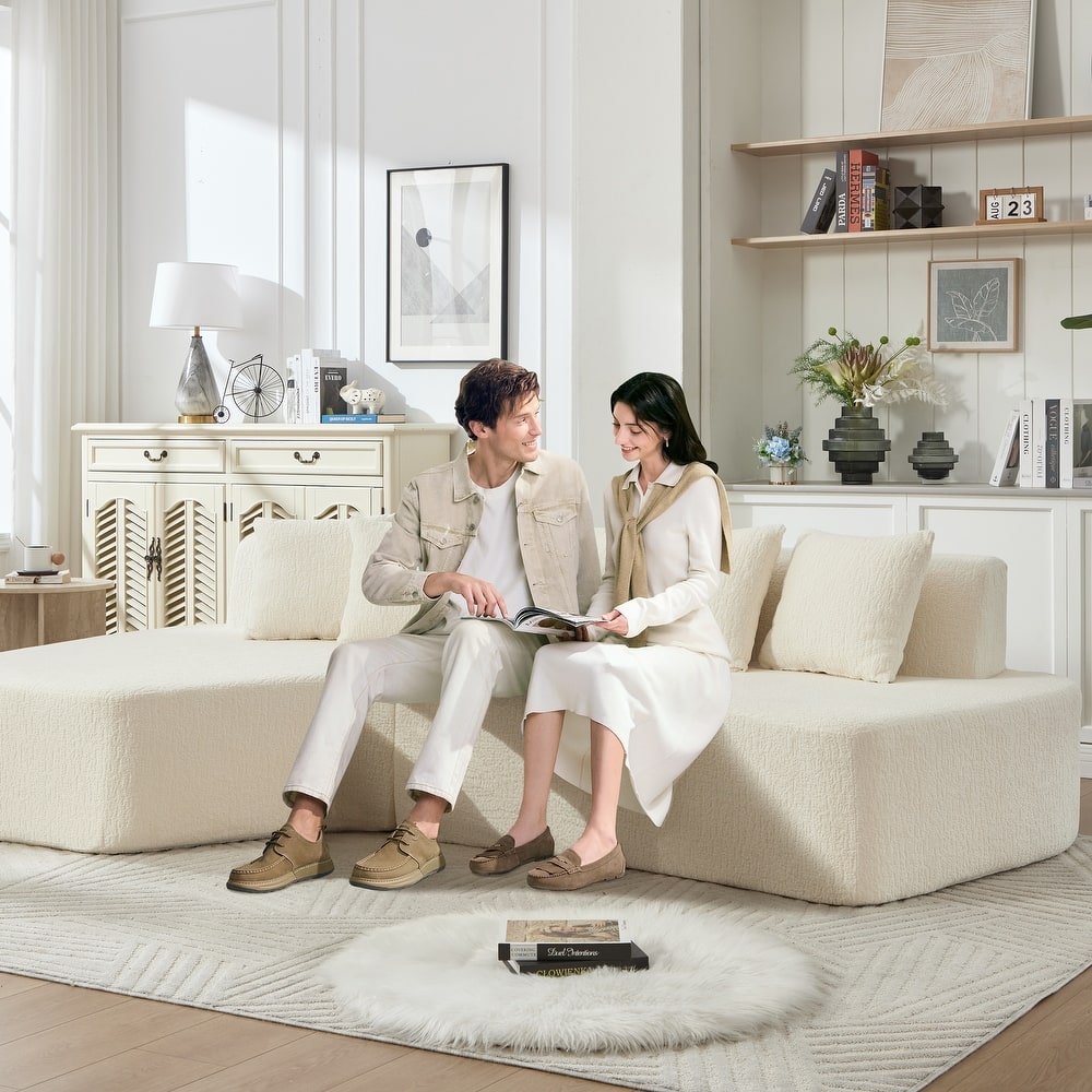 Irregular L-Shaped Modular Sectional Sofa with Chaise Lounge, Comfy Corduroy Deep Seat Cloud Couch, 3 Seat Sofa with 5 Pillows