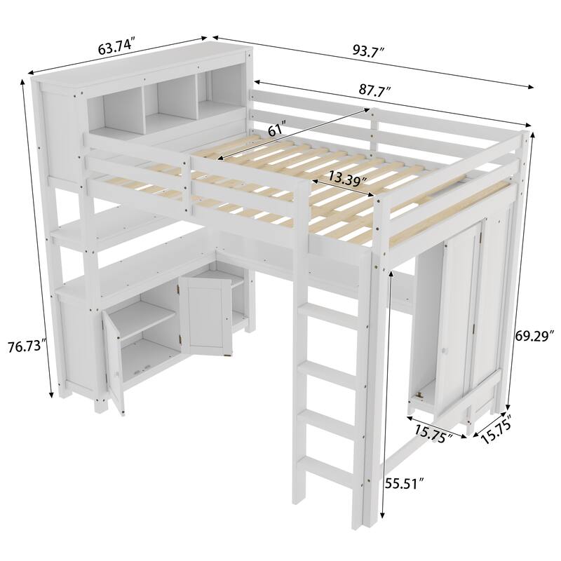 Wood Loft Bed with Cabinet and Bookshelf, Queen Size Loft with Wardrobe and Desk for Kids