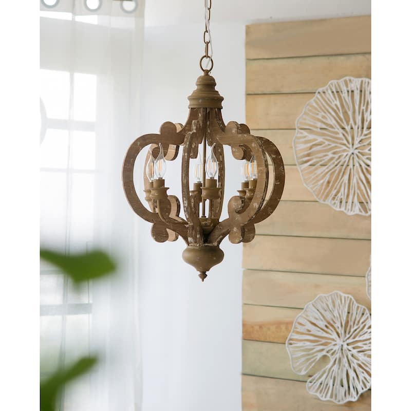 Farmhouse Chandelier, 6-Light Wood Chandelier Pendant Light Fixture with Adjustable Chain for Dining Room, Bulb Not Included