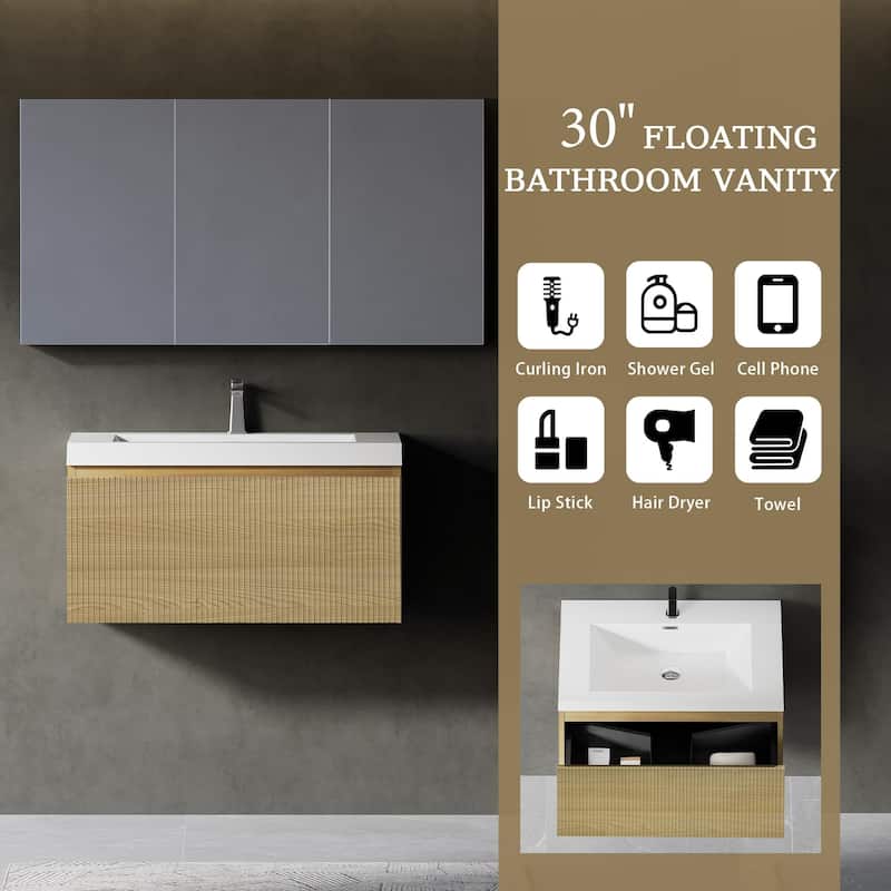 24"/30"/36"/42" Floating Bathroom Vanity Combo with Solid Surface Basin, Natural Oak Storage Cabinet, Modern Design