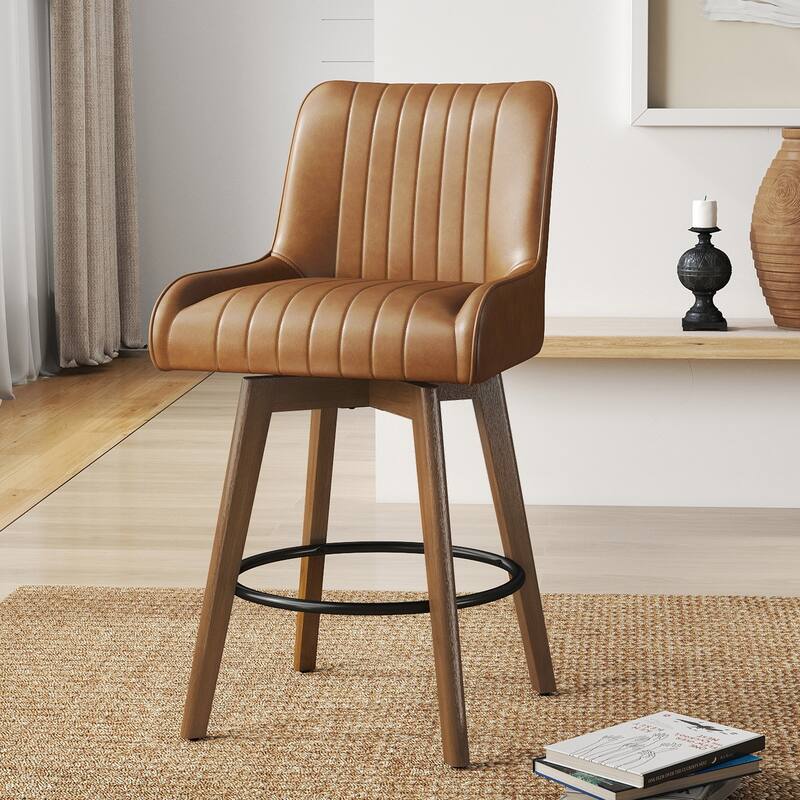 26" Upholstered Counter Height Swivel Bar Stool with Solid Wood Legs - 38.8"H x 20.5"W x 21.7"D - Set of 2 - Brown