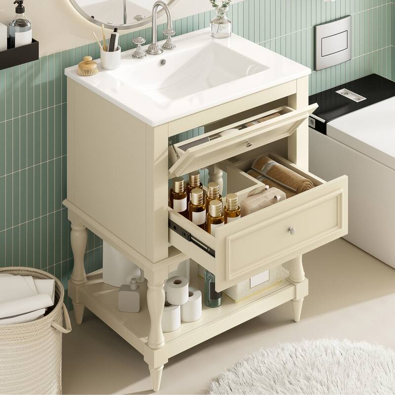 24" Retro Bathroom Vanity with Ceramic Sink & 2 Drawers - Solid Wood Storage Cabinet with Open Shelf