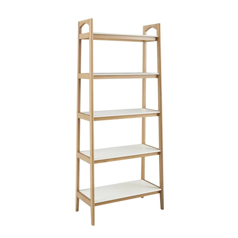 Roomfitters 5 Shelf Bookcase, Tall Narrow Open Shelf with Solid Wood Frame, Mid Century Display Shelf, Off-White