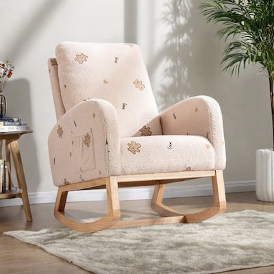 Boucle Fabric Rocking Chair with High Back, Side Pocket and Solid Wood Frame