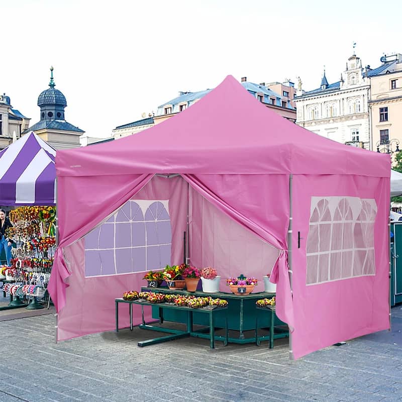 Zenova 10x10 Pop Up Canopy Tent Instant Folding Shelter With 4 Sidewalls with Free Mosquito Net - Pink-new