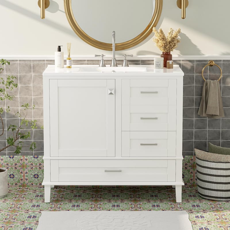 GDFStudio - Aurea Wood & Ceramic 36" Bathroom Vanity with Sink, Soft-Close Door & 3 Drawers - 36" - White