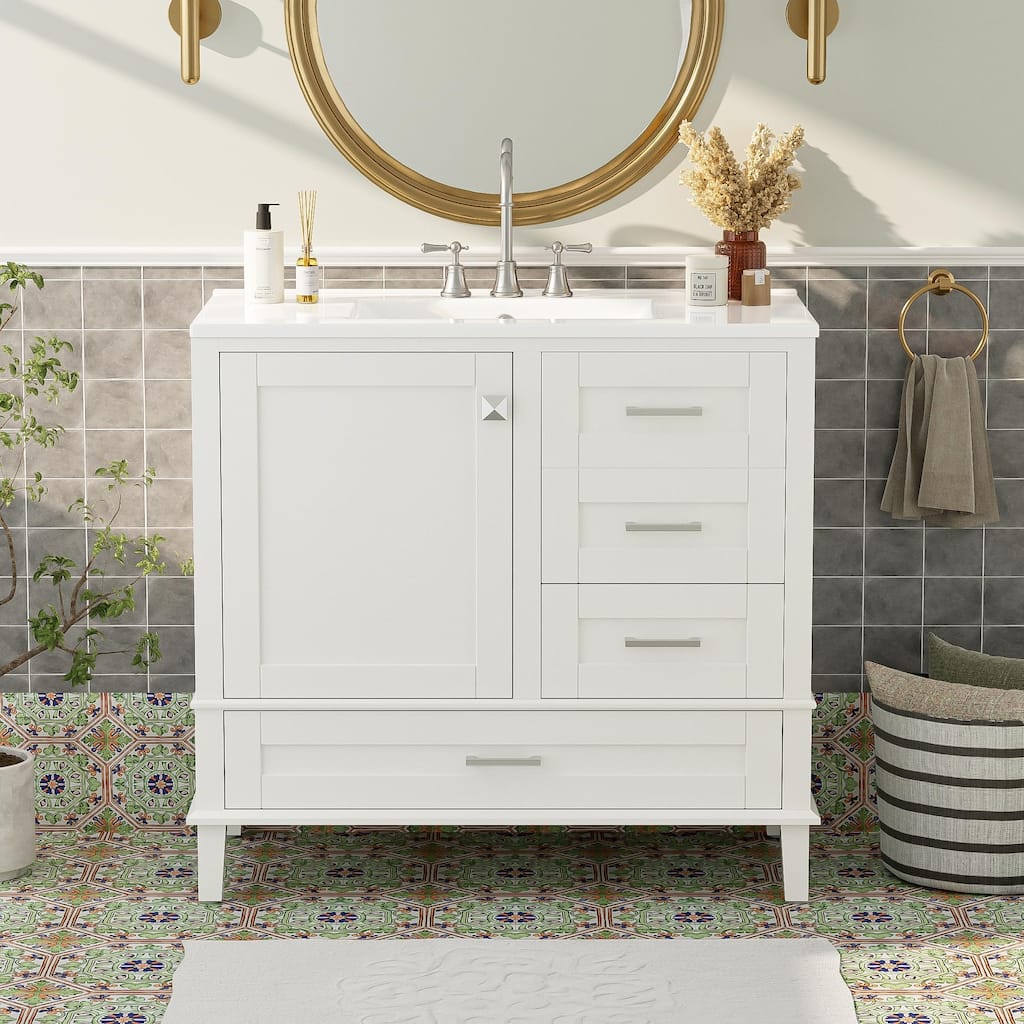 Simple Freestanding Bathroom Vanity Storage Cabinet with 3 Drawers of Different Sizes, Soft Close Door and Metal Handles