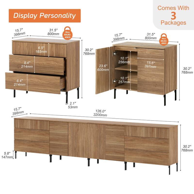 126" Modern Reeded 4-Door Sideboard With Drawers, 4-In-1 Wooden Credenza Storage Cabinet