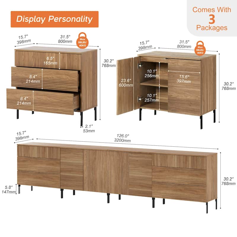 Modern Reeded Dresser TV Stand For Tvs Up To 120 Inch, Entertainment Center With Drawers