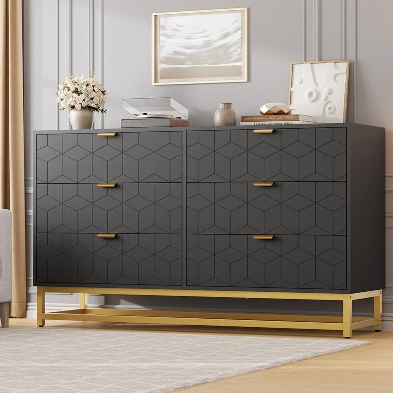 6 Drawer Dresser for Bedroom, Wide Chest with Storage Drawers and Metal Legs for Living Room or Entryway