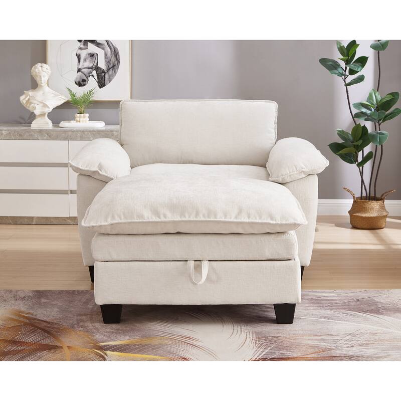Cloud Lazy Chaise Lounge, Single Sofa Chair & Storage Ottoman Set of 2, Oversize Chenille Upholstered Lounge Sleeper Sofa