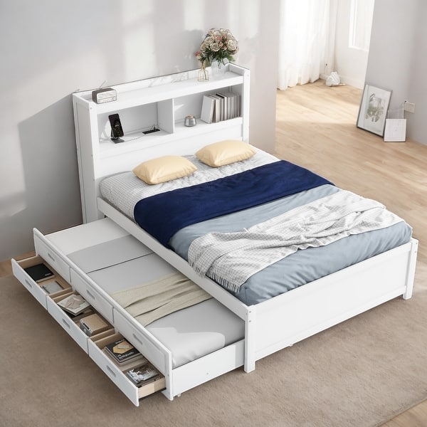 slide 2 of 24, Full Size Bed Frame with Trundle, Drawers, and USB Ports for Modern Spaces, White White
