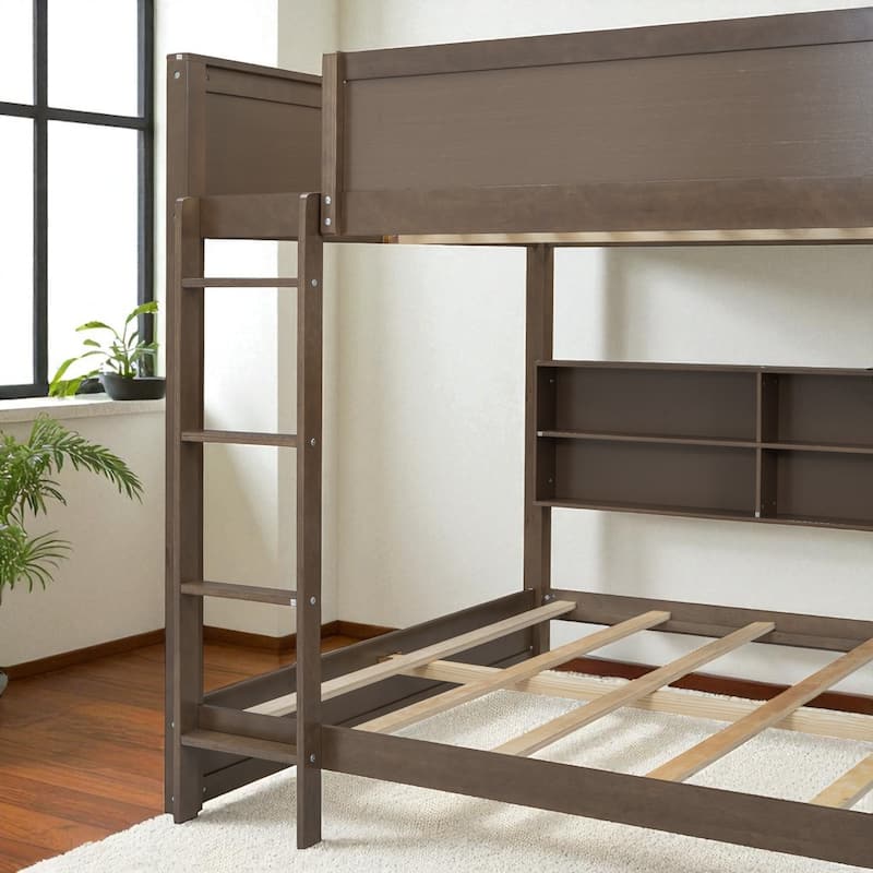 Queen over Queen Bunk Bed with Storage Cabinets, Guardrails and Built-in USB Charging Ports, Solid Wood Frame