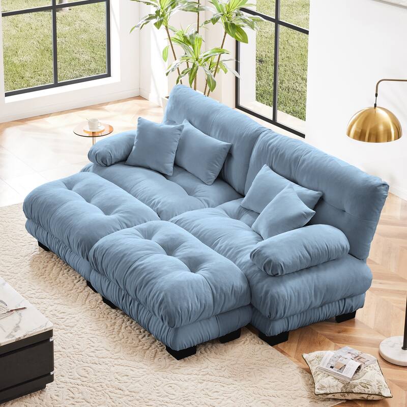 94.4" Chenille Cloud Sleeper Sofa with 2 Ottomans & Pillows - Blue