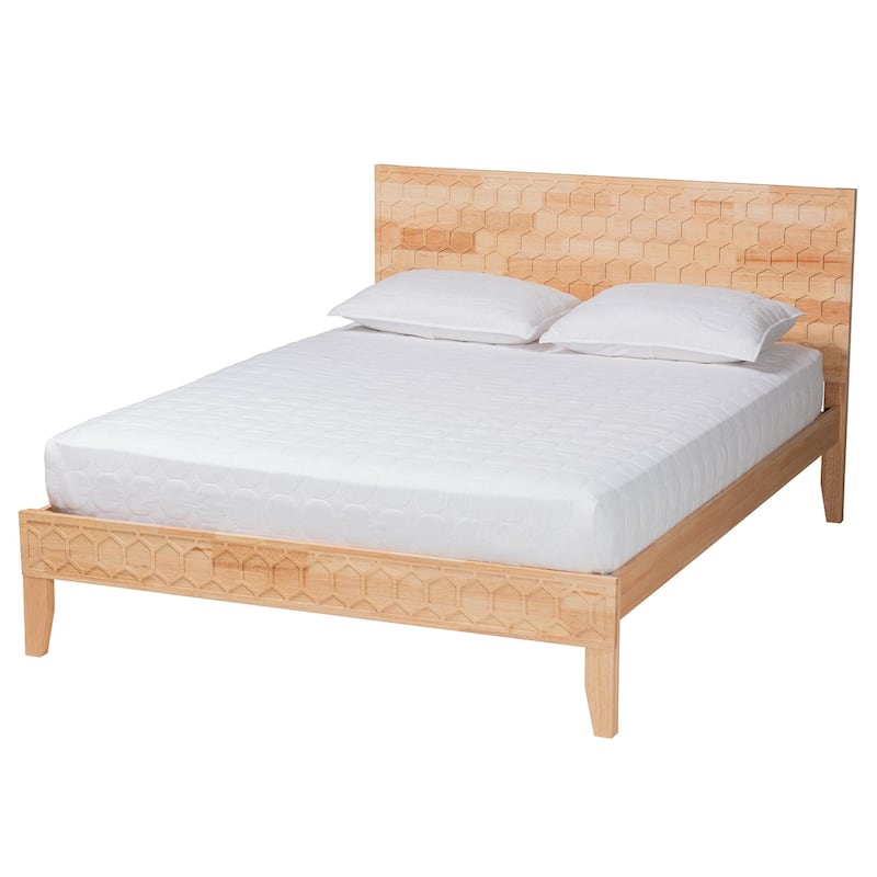 Hosea Japandi Carved Honeycomb Natural Queen Size Platform Bed - Queen