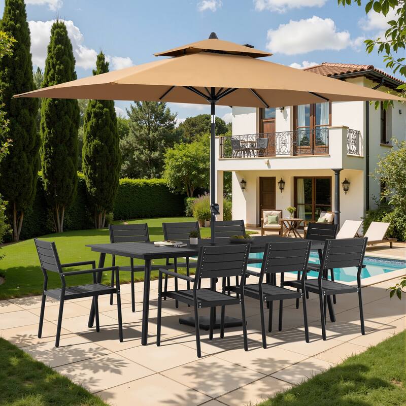 11-Piece Patio Dining Set w/10 ft Umbrella and Base, Rectangle Aluminum Table and 8 Stackable Chairs - Black Table with Tan Umbrella