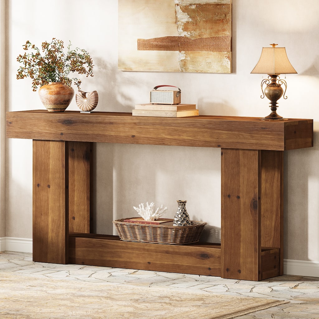 Solid Wood Console Table, 63" Farmhouse Sofa Table Behind The Couch - 11.81" D x 63" W x 33.46" H