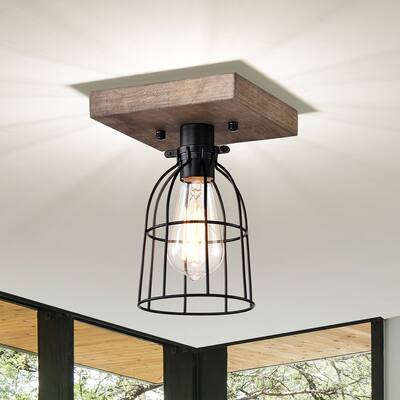 Farmhouse Wood Flush Mount Ceiling Light with Black Cage 1-Light