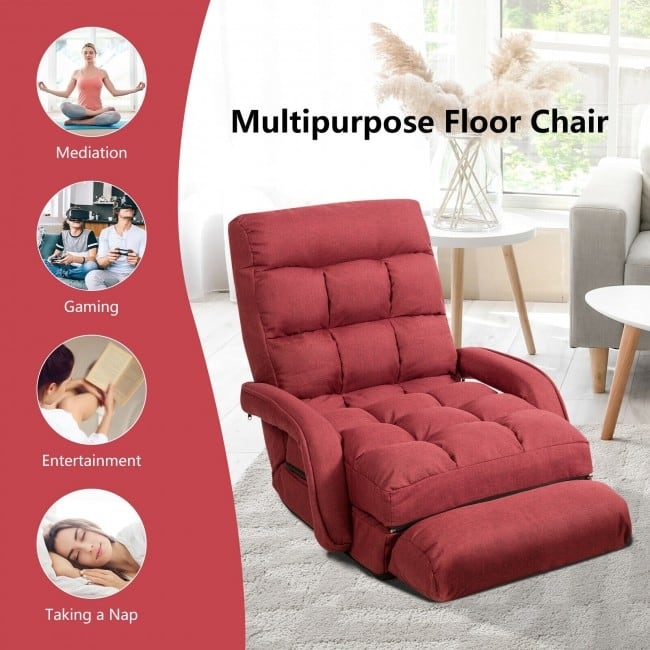 Folding Lazy Floor Chair Sofa with Armrests and Pillow-Red - 22" x 26" x 29" (L x W x H)