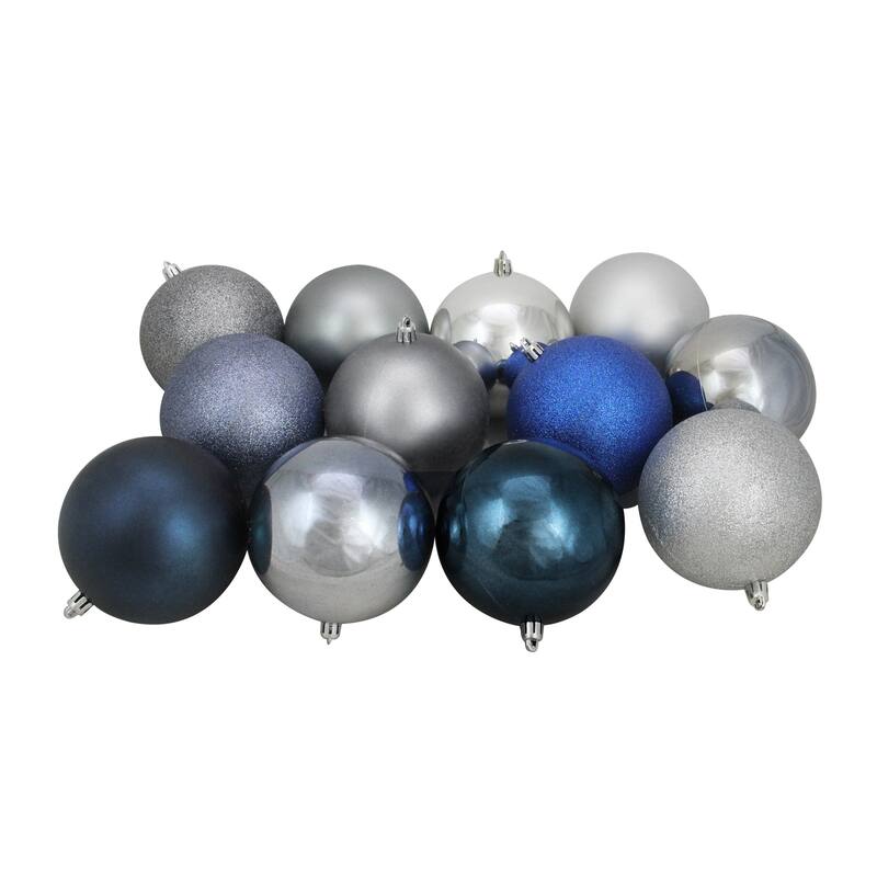 12ct Blue Silver Shatterproof 3-Finish Christmas Ornaments 4" (100mm)