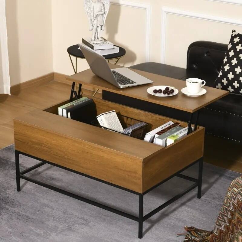 Grey/Brown/White Lift Top Coffee Table w/ Hidden Storage Black Metal Legs
