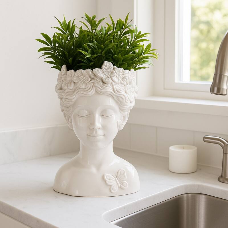 Ceramic Pot Planter Lady Crown Flower and Butterfly - 12" Ivory - 8" x 7" x 12"