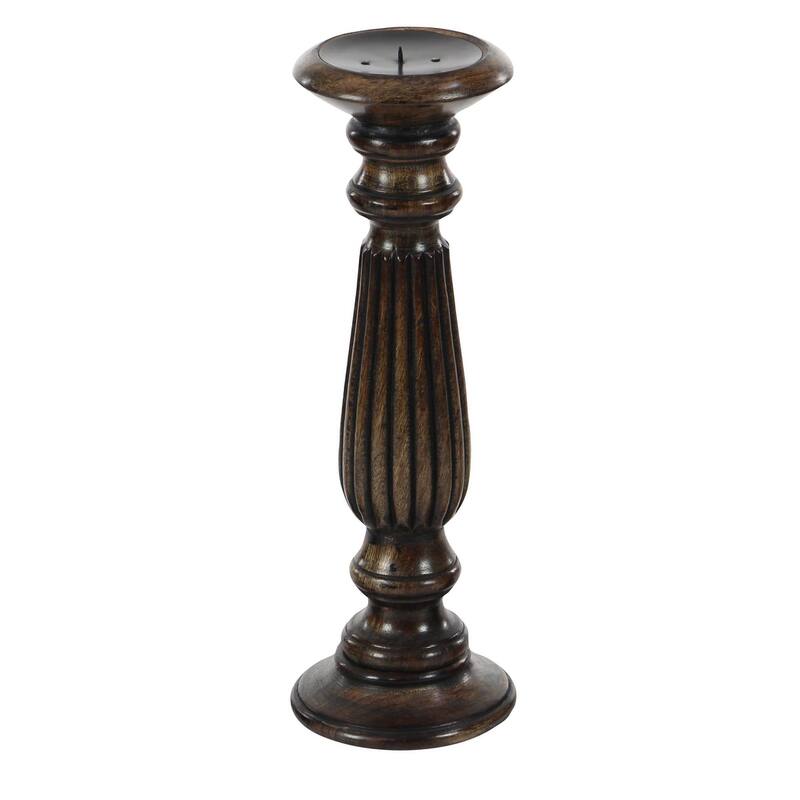 Traditional Mango Distressed Turned Pillar Wood Candle Holder (Set of 3) - Dark Brown, Beige, White
