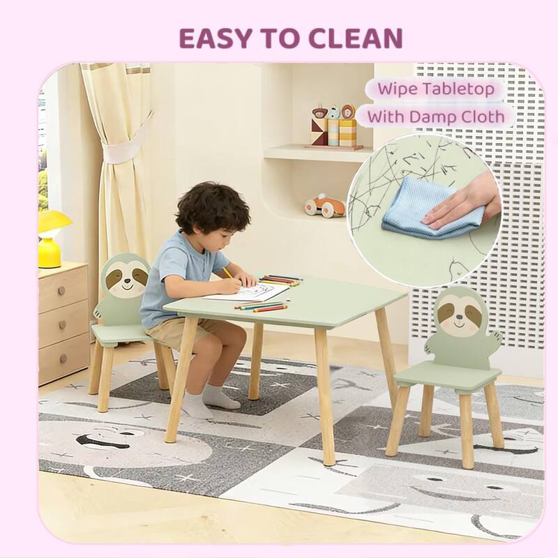 Kids Table and Chair Set with 2 Cute Sloth Chairs, Wooden Toddler Activity Table, Cute Animal Design Play & Study Set