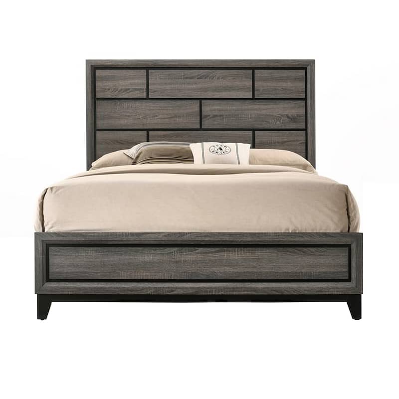 Transitional Style Wooden Queen Size Bed with Brick Elements Panel Headboard, Gray