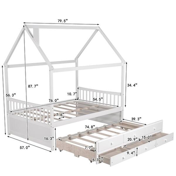 Full Wooden House Bed with Trundle and Storage Drawers