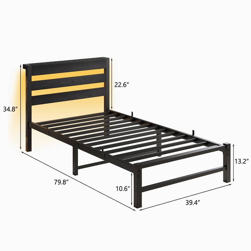 Twin Size Modern Metal Bed with Wooden Headboard, RGB Lights