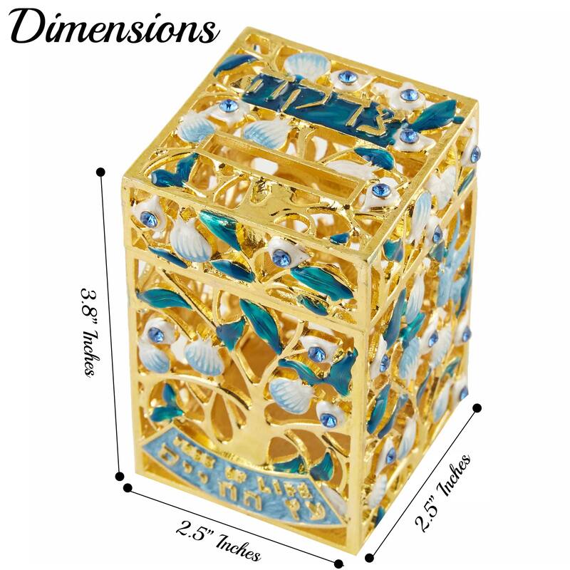 Matashi Hand-Painted Enamel Tzedakah Charity Box Keepsake Treasure Box Embellished with Crystals and a Tree of Life Motif Design