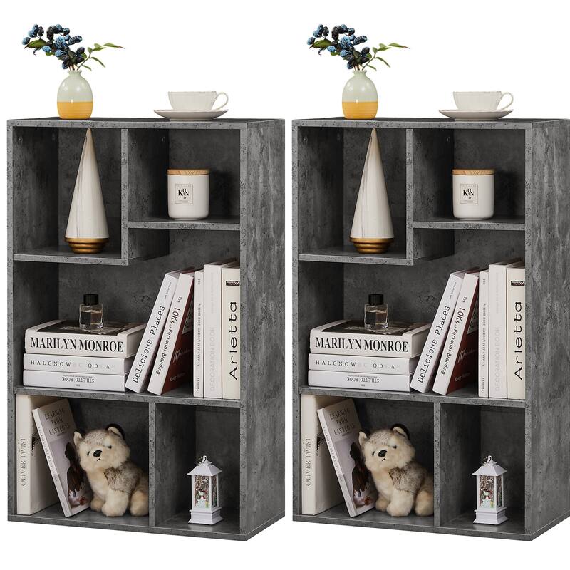 VECELO Widened Version Bookace(Set of 2), 3-Tier Five Open Cube Wooden Bookcase Organizer, Bookshelf
