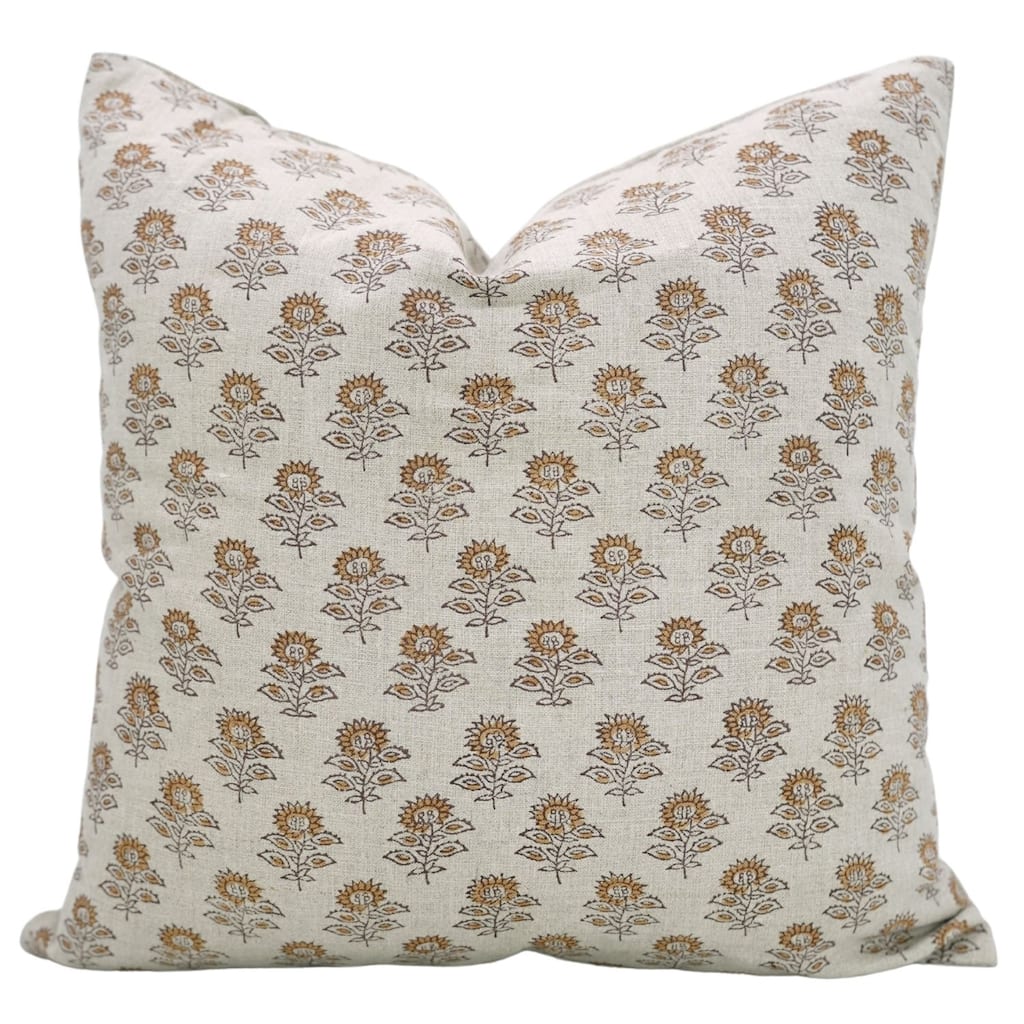 Fabdivine 12x20 Handmade Pure Linen Cushion Cover Floral Mustard Ideal for Sofa, Floral Block Print, Accent Décor, Bagru Buti