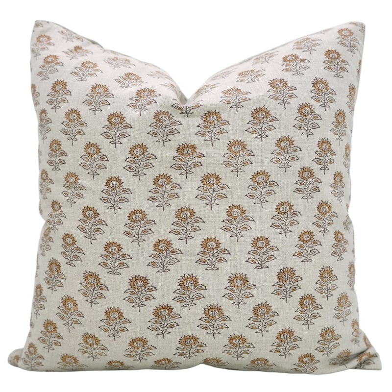 Fabdivine 12x20 Handmade Pure Linen Cushion Cover Floral Mustard Ideal for Sofa, Floral Block Print, Accent Décor, Bagru Buti - Pillow Covers - Bagru Buti- Brown - 20" x 20"
