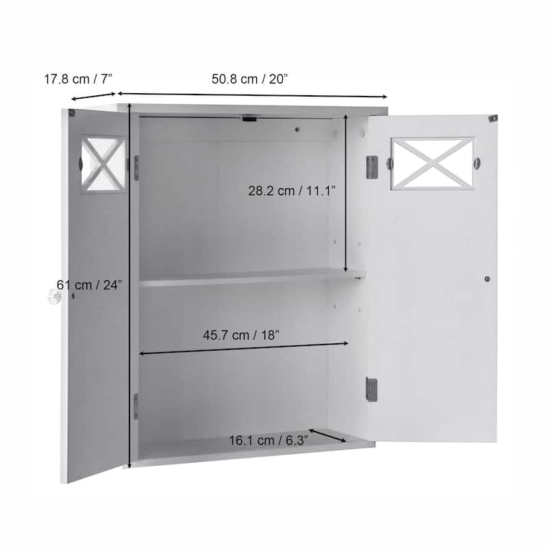 Teamson Home Dawson 2-Door White Bathroom Wall Cabinet, Removable Glass Panel, Adjustable Shelf, Cross Molding Storage
