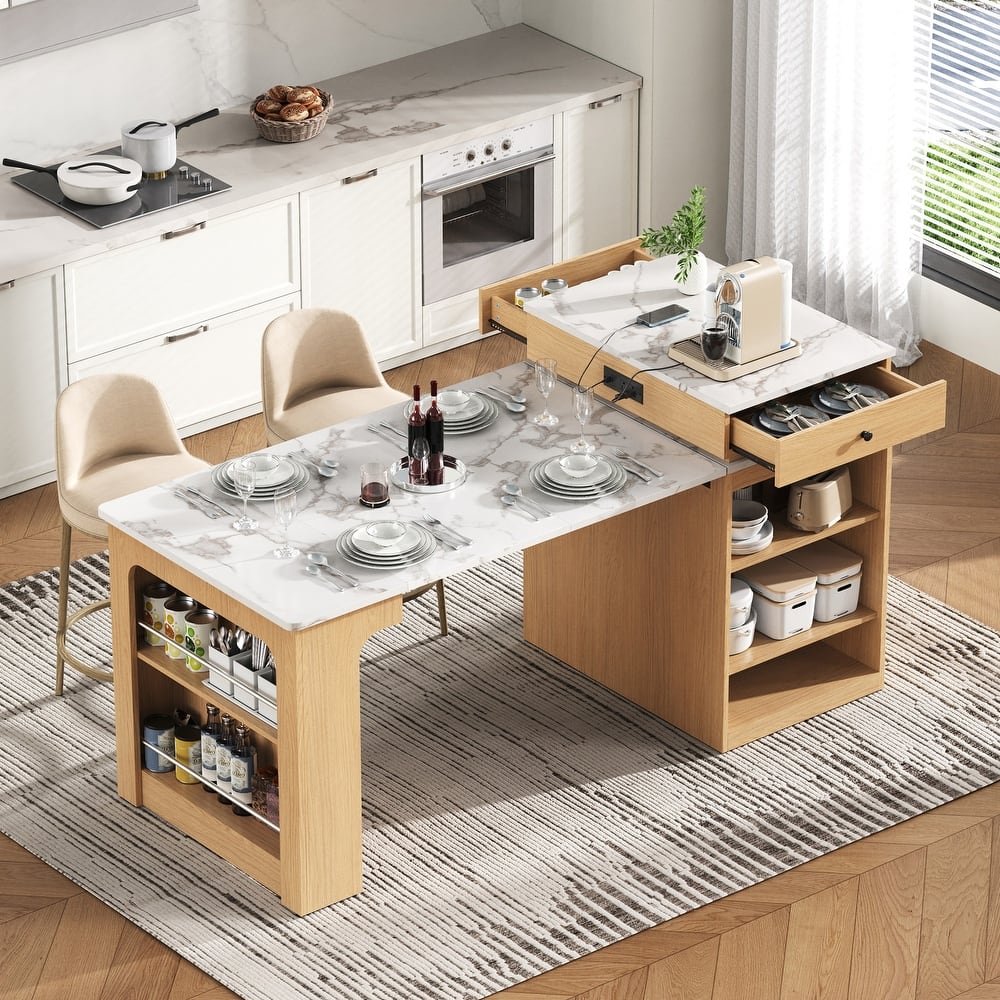 Kitchen Island with Extendable Dining Table, Kitchen Storage Table with 2 Drawers, Power Outlet, Open Shelves, for Diningroom