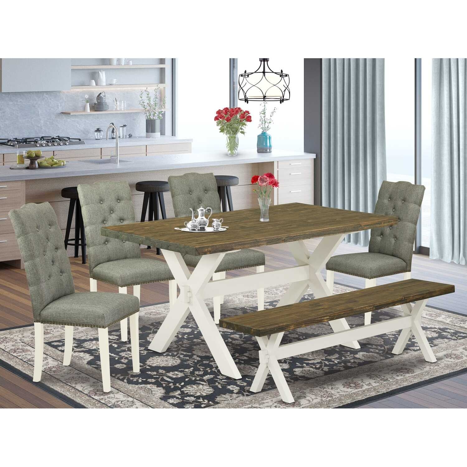6-Piece Natural Oak Finish Solid Wood Top dining Table with 1-Bench and 4-Chairs with